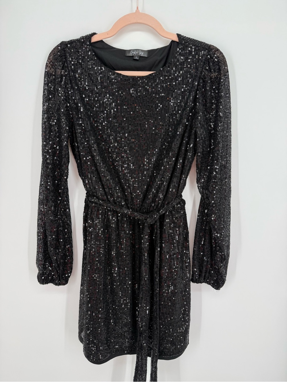 Crystal Sky Black Sequin Mini Dress Long Sleeve Belted Holiday Party Medium
